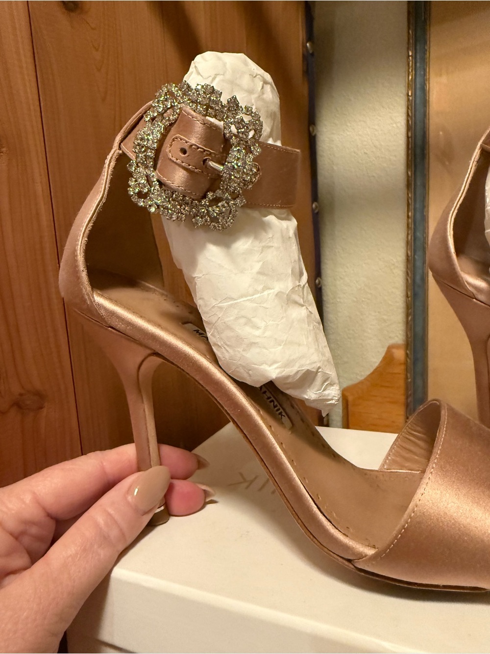 Manolo Blahnik Rose Gold Satin Slide Heels with Crystal Buckle